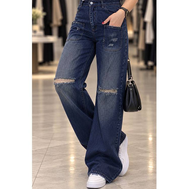  شلوار جین فول بگ زاپدار سرمه‌ای