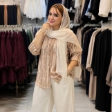  شومیز زنانه نگینی راه راه کرم قهوه‌ای