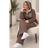 ست هودی اسلش نیم زیپ قهوه‌ای