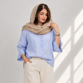 شومیز زنانه پری شیشه‌ای پاپیون آبی آسمانی