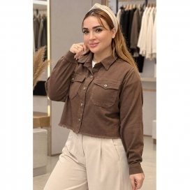 کراپ کت کتان کجراه قهوه‌ای