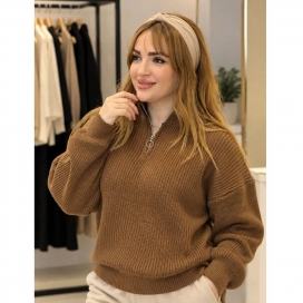 بلوز زنانه بافت نیم زیپ قهوه ای