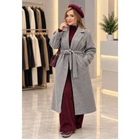 پالتو فوتر بلند زنانه کمر دار طوسی 